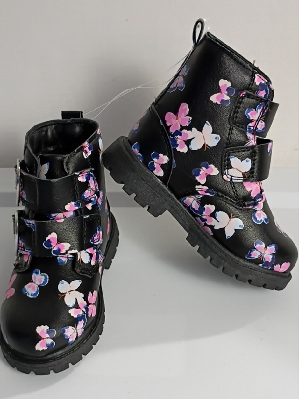 CARTER'S Black Ankle Boots with Heart-Buckles and Pink & Blue Butterflies SIZE 7 - Picture 5 of 8